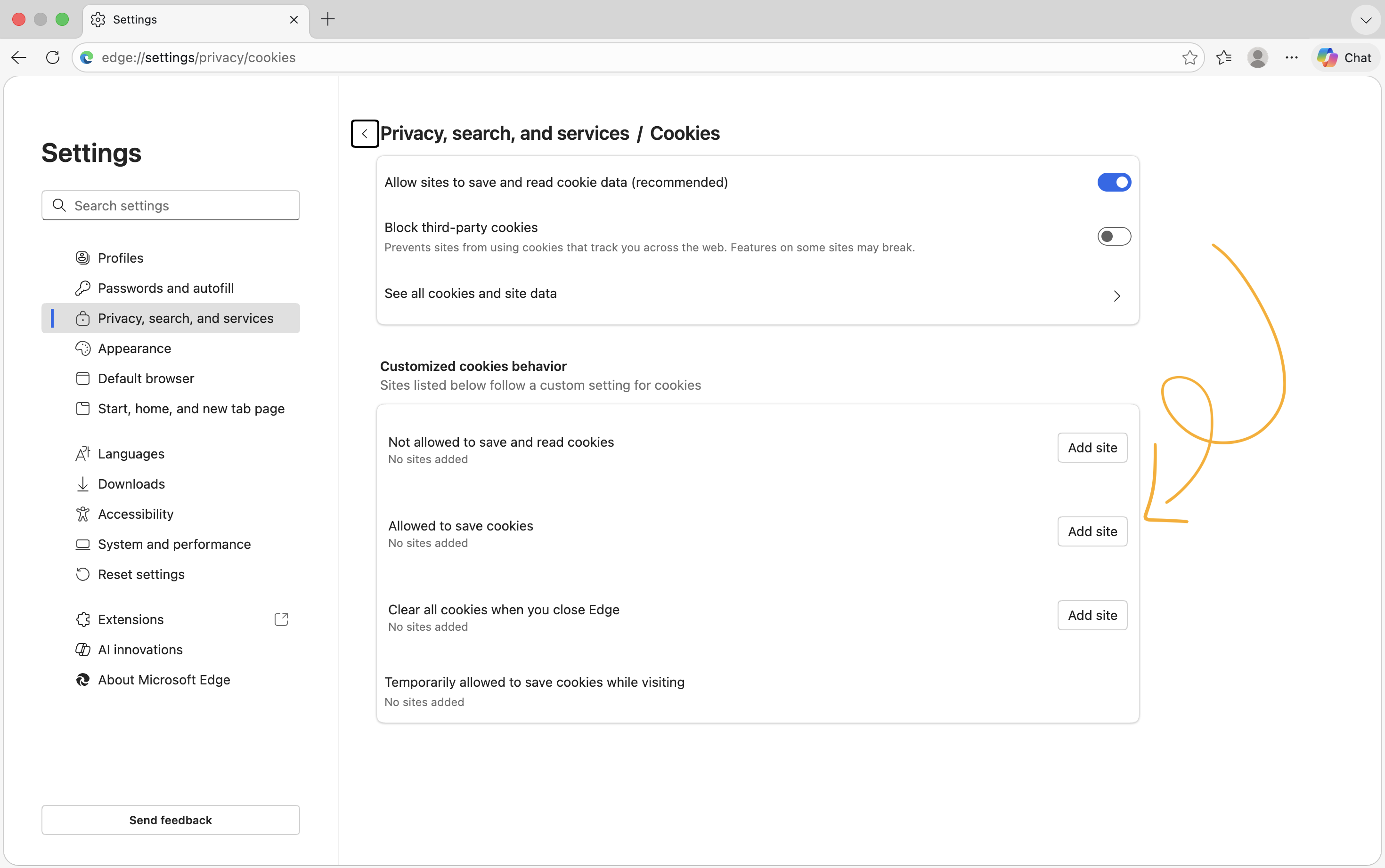 Edge cookie settings: Allowed to save cookies section